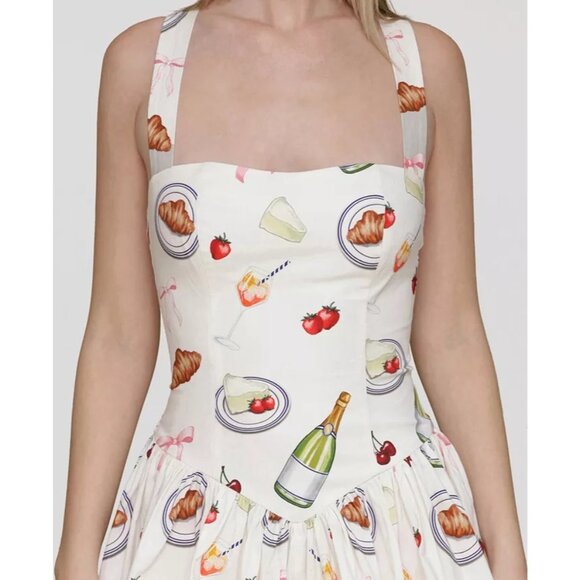 Avec Les Filles Size 2 Printed Drop-Waist Flounce Romper Dress Ivory Tabletop - Picture 6 of 12